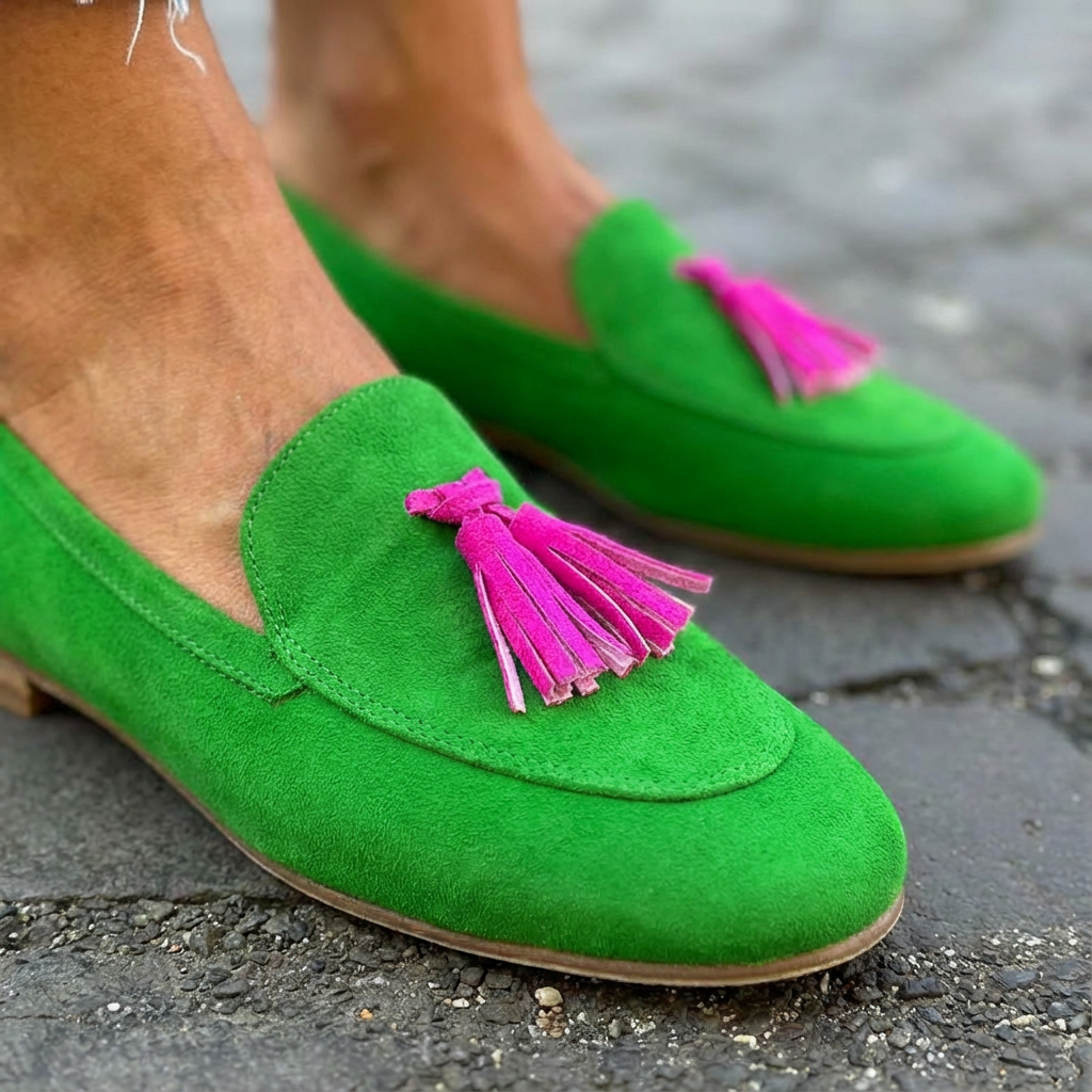 GRÖN LOAFER MED FUCHSIA FRANSAR