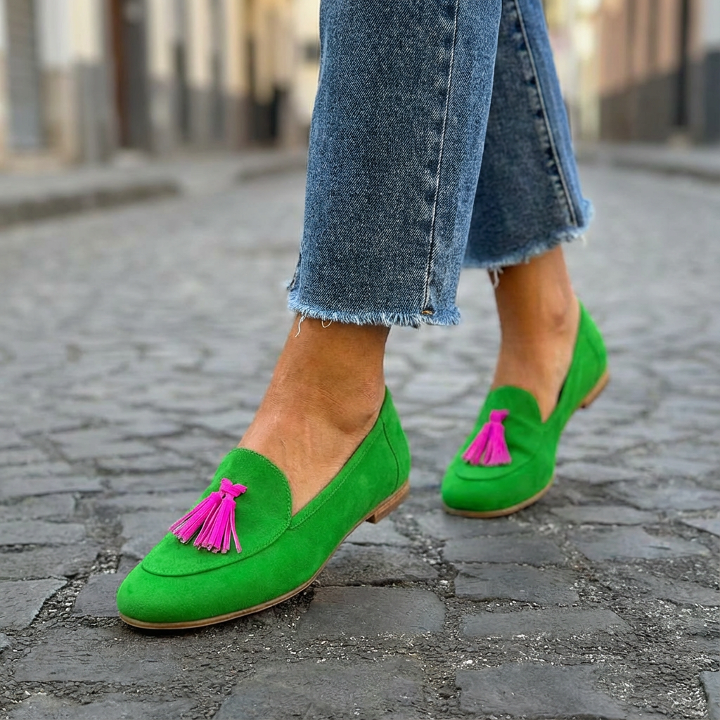 GRÖN LOAFER MED FUCHSIA FRANSAR